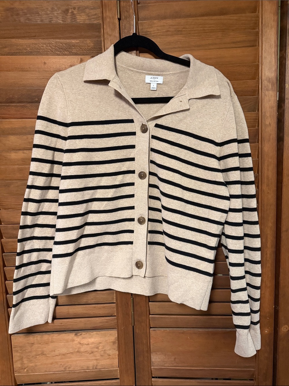 J. Crew Cream and Black Striped Collared Button Cardigan